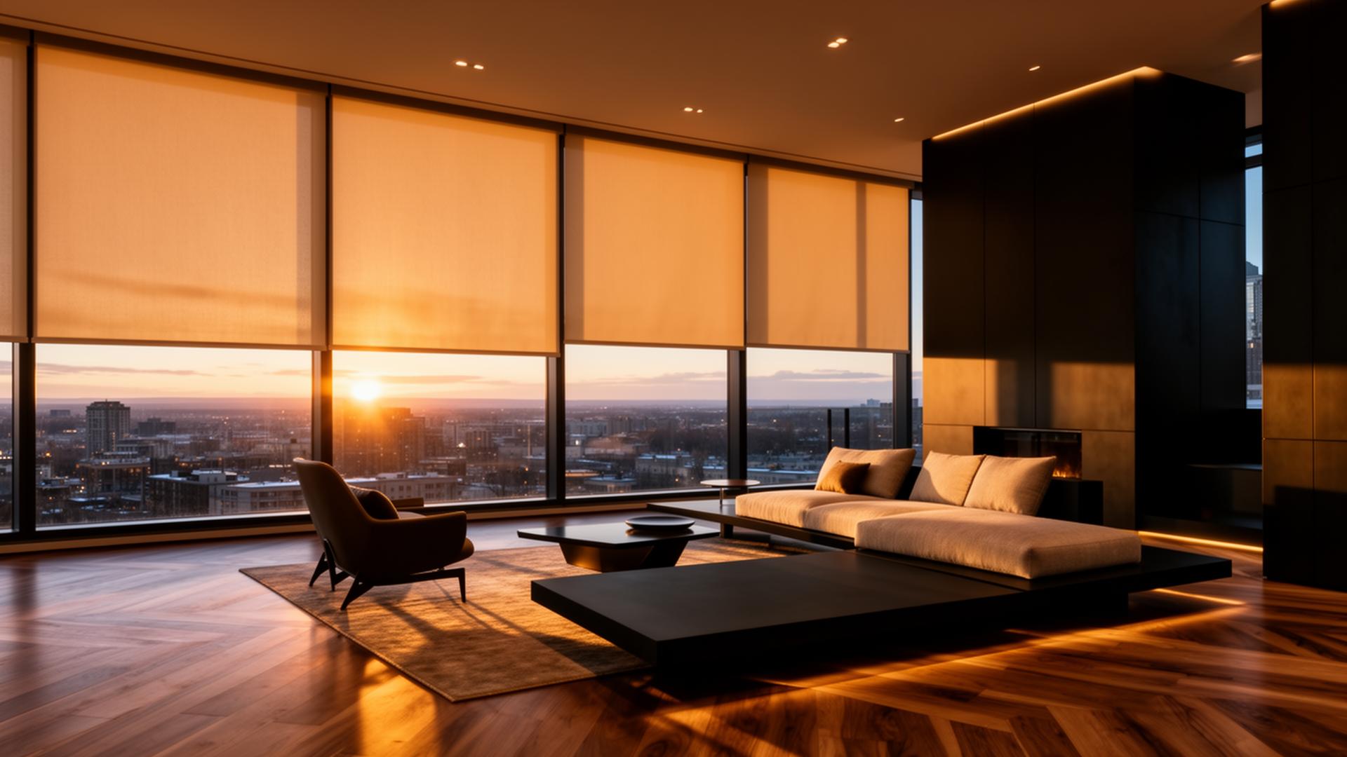 Modern Calgary living room with luxury roller shades at golden hour